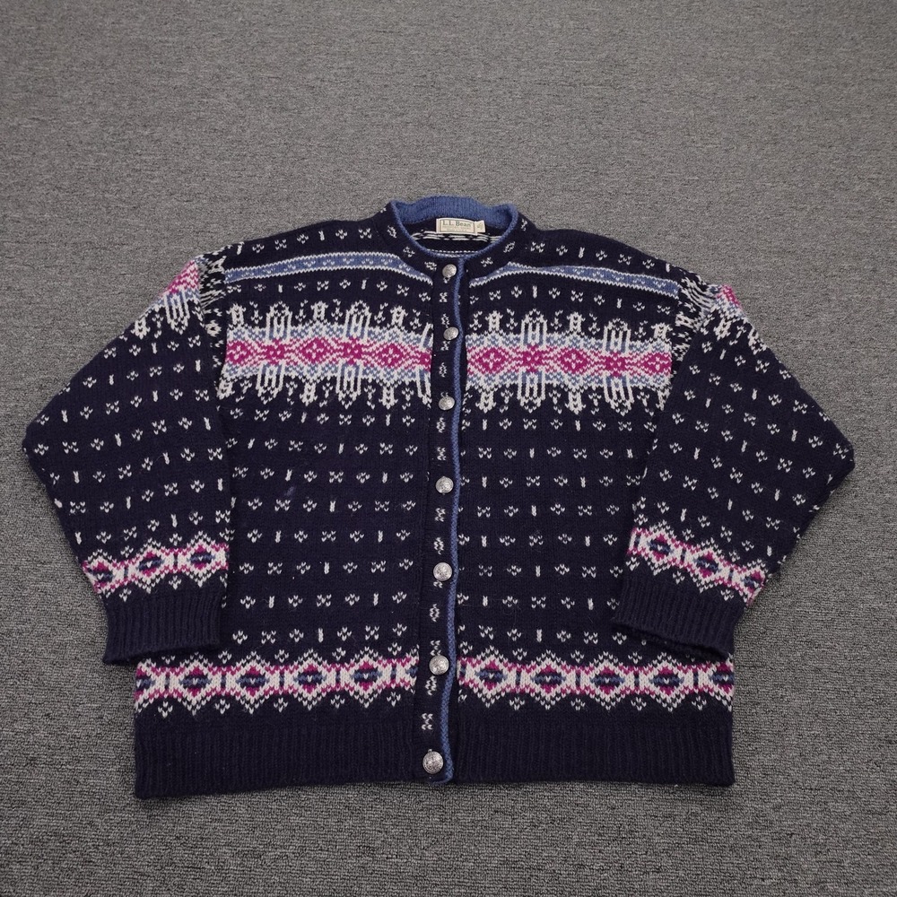 Vintage LL Bean Sweater Cardigan Womens XL Blue Fair Isle Wool Knit USA 90s